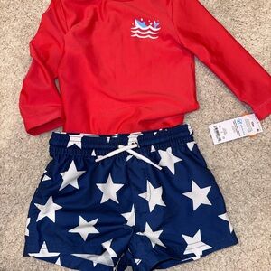 Carter's Red Rash Guard and Blue Star Swim Shorts Set